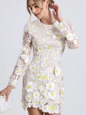 Avec Les Filles cream Mini Dress with White and Yellow Floral Embroidery